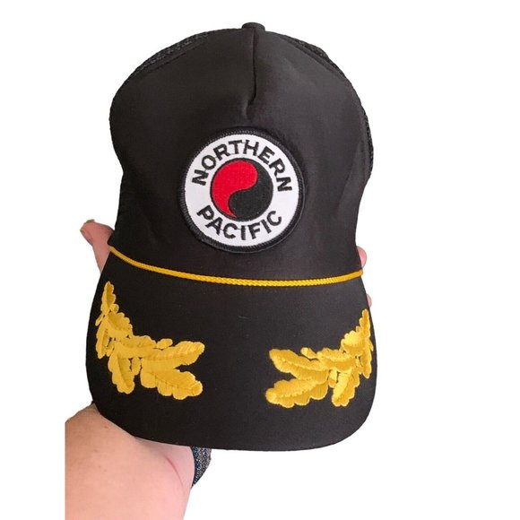 Vintage Northern Pacific Railway Snapback Trucker Cap Hat Scrambled Eggs BLACK - Picture 1 of 10